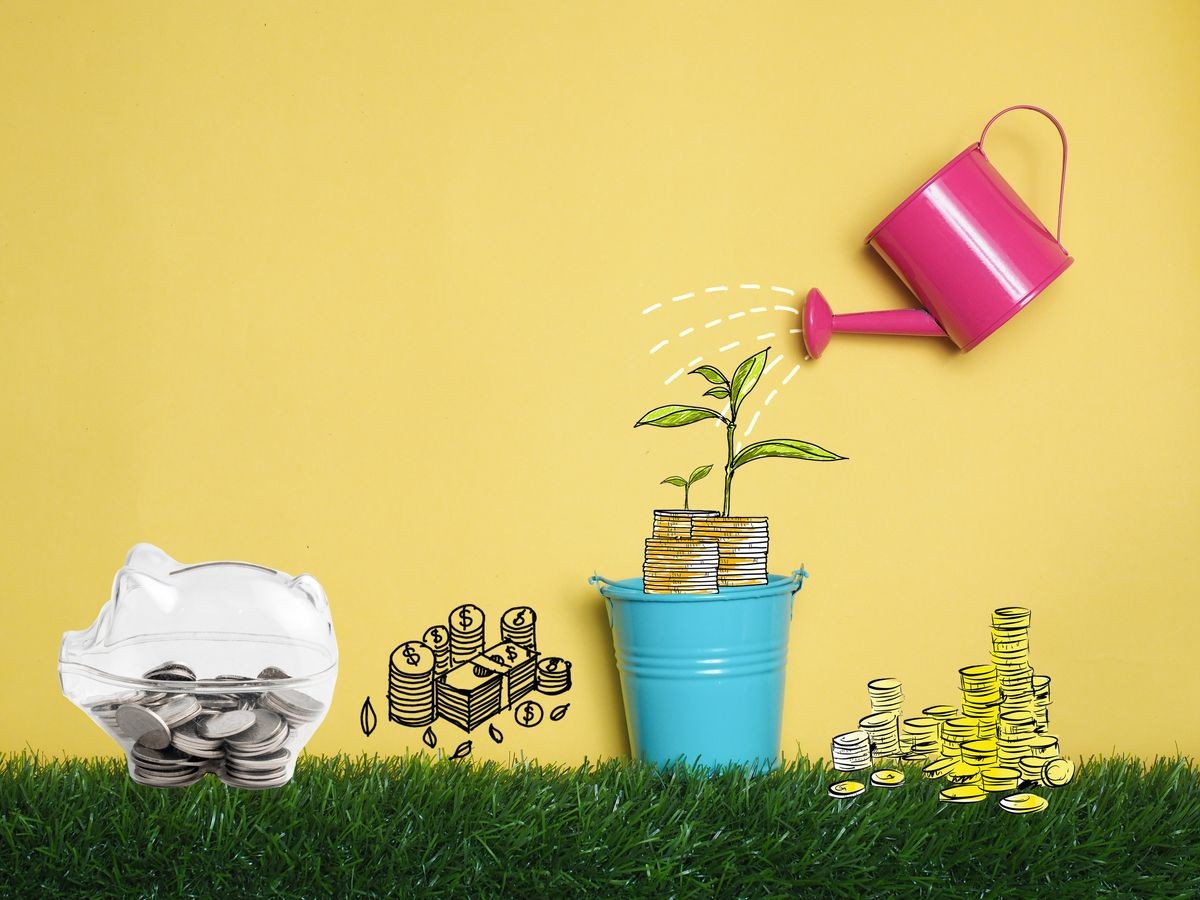Top view Investment is like planting trees. Take care it will provide a good growth on colorful background.Watering can and money tree drawn concept for business investment, piggy bank object.